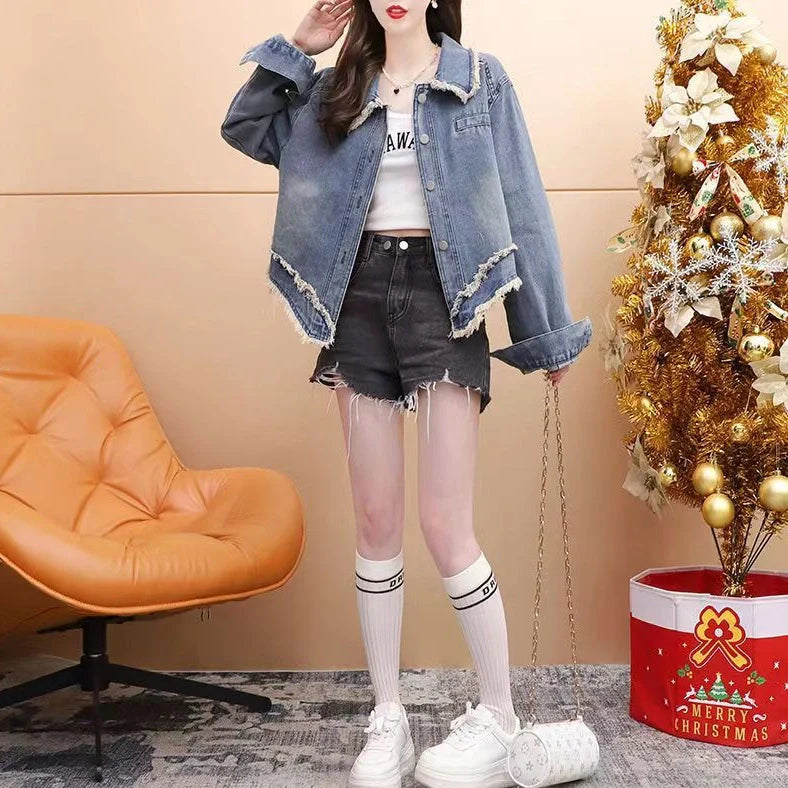 Blue short petite denim jacket with chenille fabric and long sleeves for women