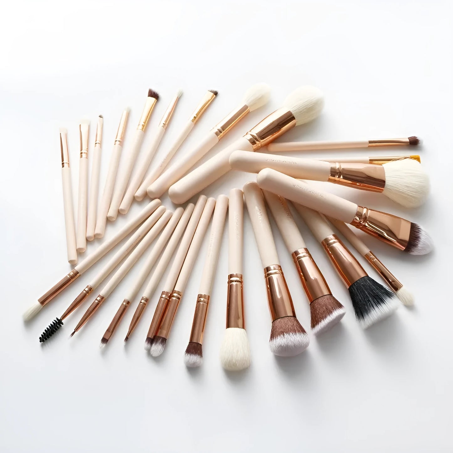 26 pink makeup brushes with wool bristles and wooden handles arranged in a PU zip bag.