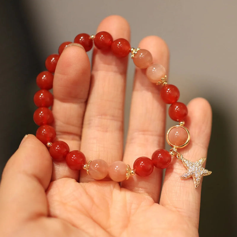 Sun Natural Red Agate Bracelet For Women handcrafted ethnic style 8mm red agate and orange sunstone beaded bracelet with star and xiangyun charms women's jewellery travel gift