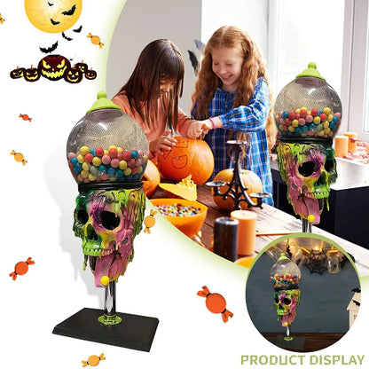 Spooky skull-shaped candy dispenser with transparent brain-shaped compartment and candy on the tongue, perfect for Halloween decor