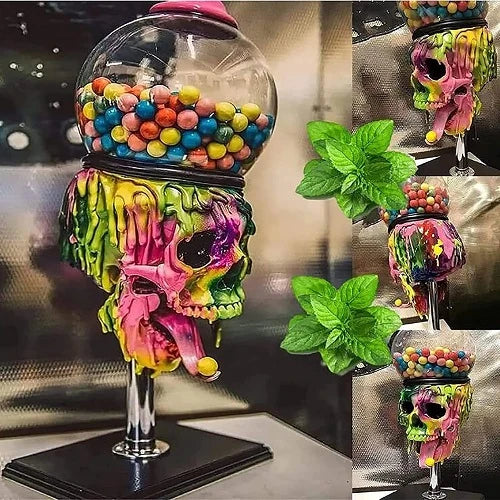 Spooky skull-shaped candy dispenser with transparent brain-shaped compartment and candy on the tongue, perfect for Halloween decor