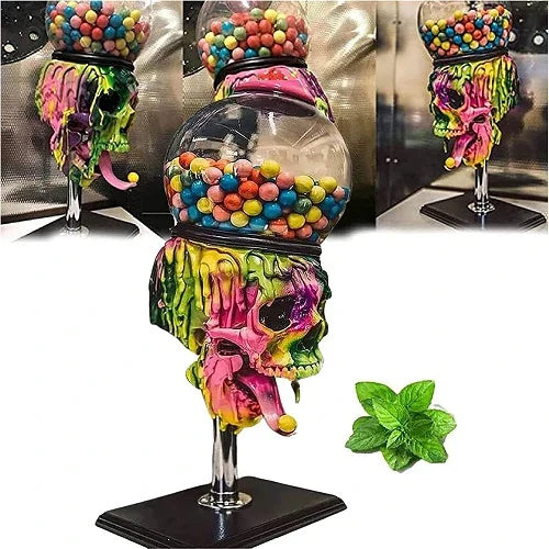 Spooky skull-shaped candy dispenser with transparent brain-shaped compartment and candy on the tongue, perfect for Halloween decor