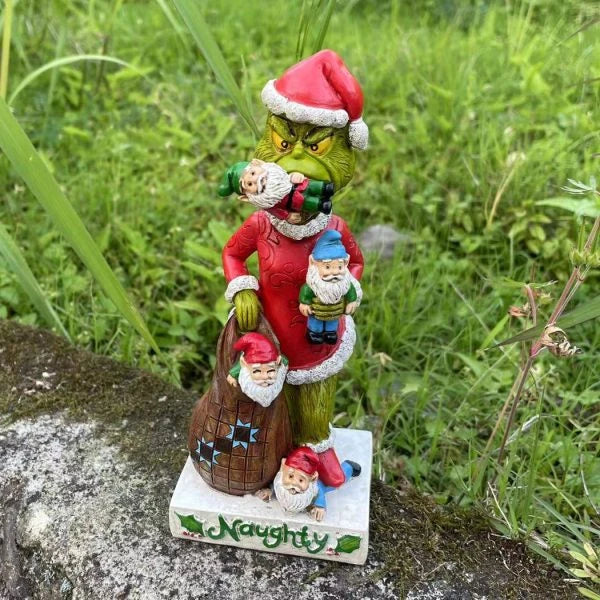 Festive outdoor decoration featuring the Grinch and a group of whimsical garden gnomes, made from durable resin with a vibrant hand-painted finish.