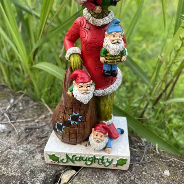 Festive outdoor decoration featuring the Grinch and a group of whimsical garden gnomes, made from durable resin with a vibrant hand-painted finish.