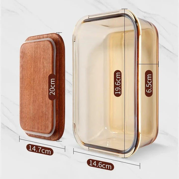 A wooden lunch box with a glass bowl, perfect for kids to bring their meals to school