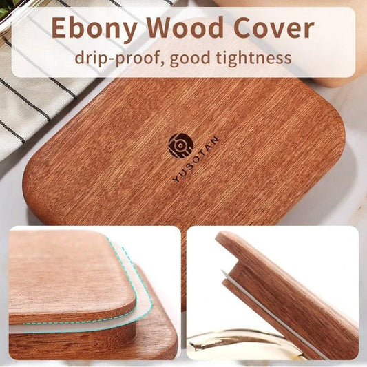 A wooden lunch box with a glass bowl, perfect for kids to bring their meals to school