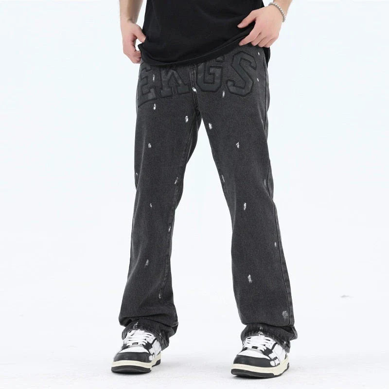 American Retro High Street Loose Straight Mop Leather Splash-ink Jeans in Washed Black color