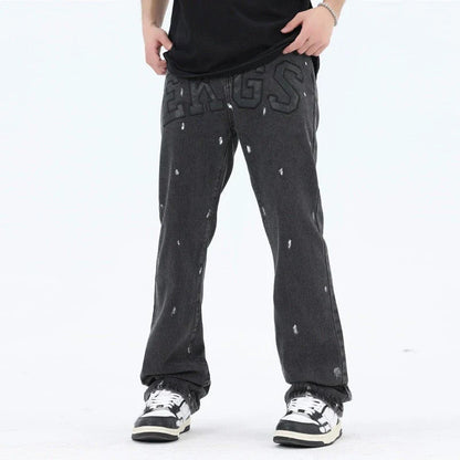 American Retro High Street Loose Straight Mop Leather Splash-ink Jeans in Washed Black color