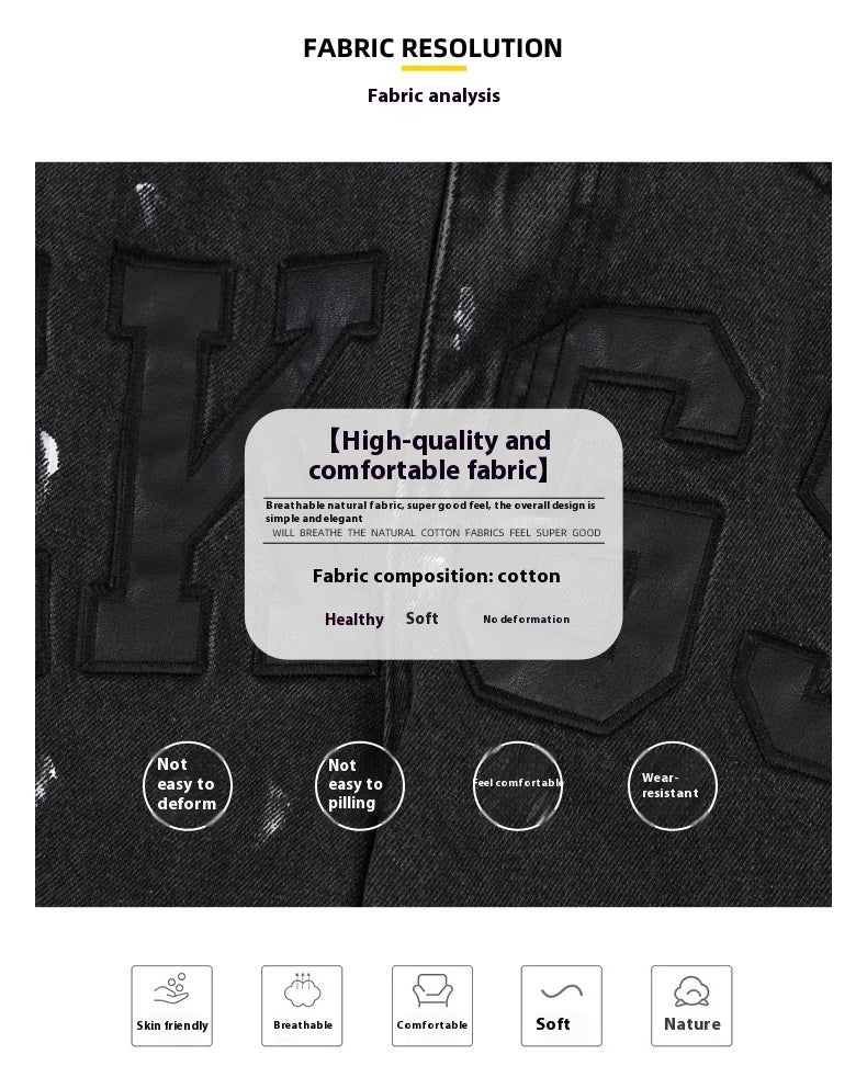 American Retro High Street Loose Straight Mop Leather Splash-ink Jeans in Washed Black color