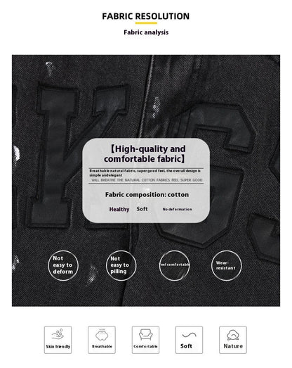 American Retro High Street Loose Straight Mop Leather Splash-ink Jeans in Washed Black color