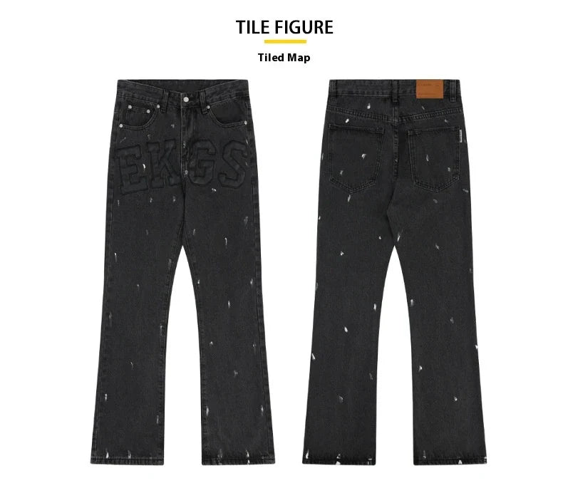 American Retro High Street Loose Straight Mop Leather Splash-ink Jeans in Washed Black color