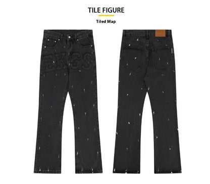 American Retro High Street Loose Straight Mop Leather Splash-ink Jeans in Washed Black color