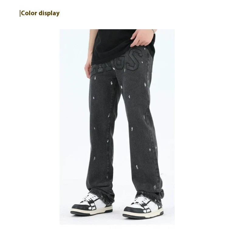 American Retro High Street Loose Straight Mop Leather Splash-ink Jeans in Washed Black color