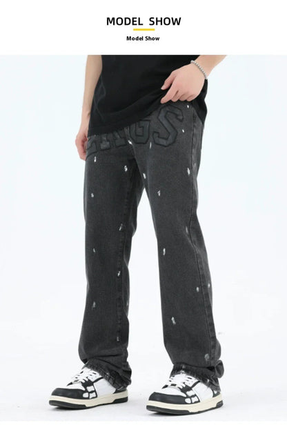 American Retro High Street Loose Straight Mop Leather Splash-ink Jeans in Washed Black color