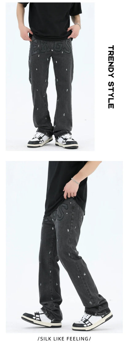 American Retro High Street Loose Straight Mop Leather Splash-ink Jeans in Washed Black color