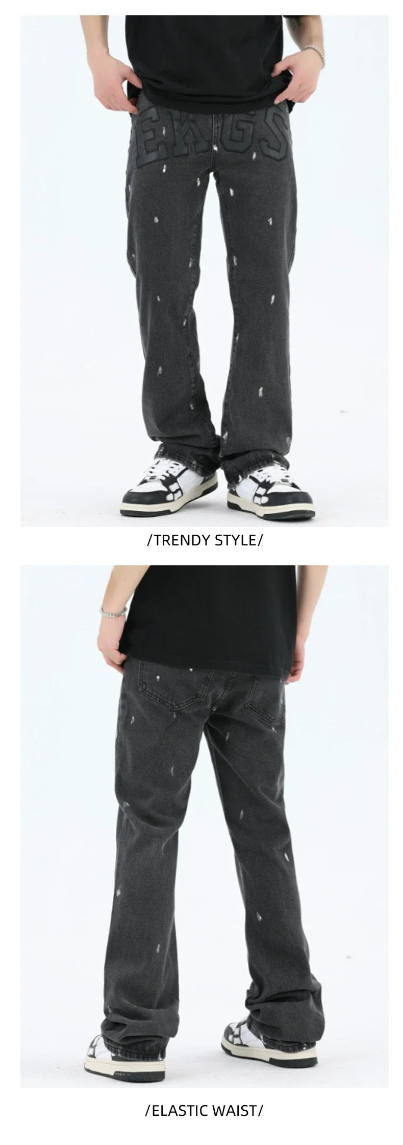 American Retro High Street Loose Straight Mop Leather Splash-ink Jeans in Washed Black color