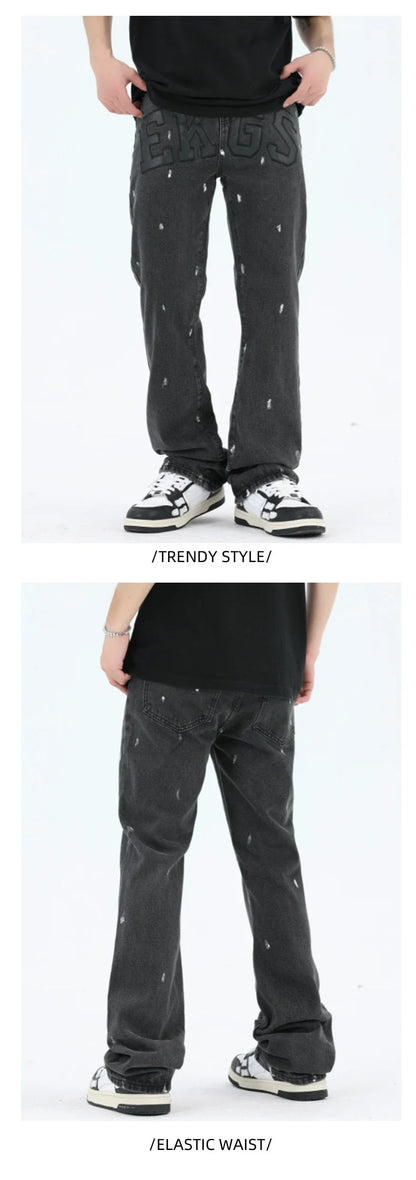 American Retro High Street Loose Straight Mop Leather Splash-ink Jeans in Washed Black color