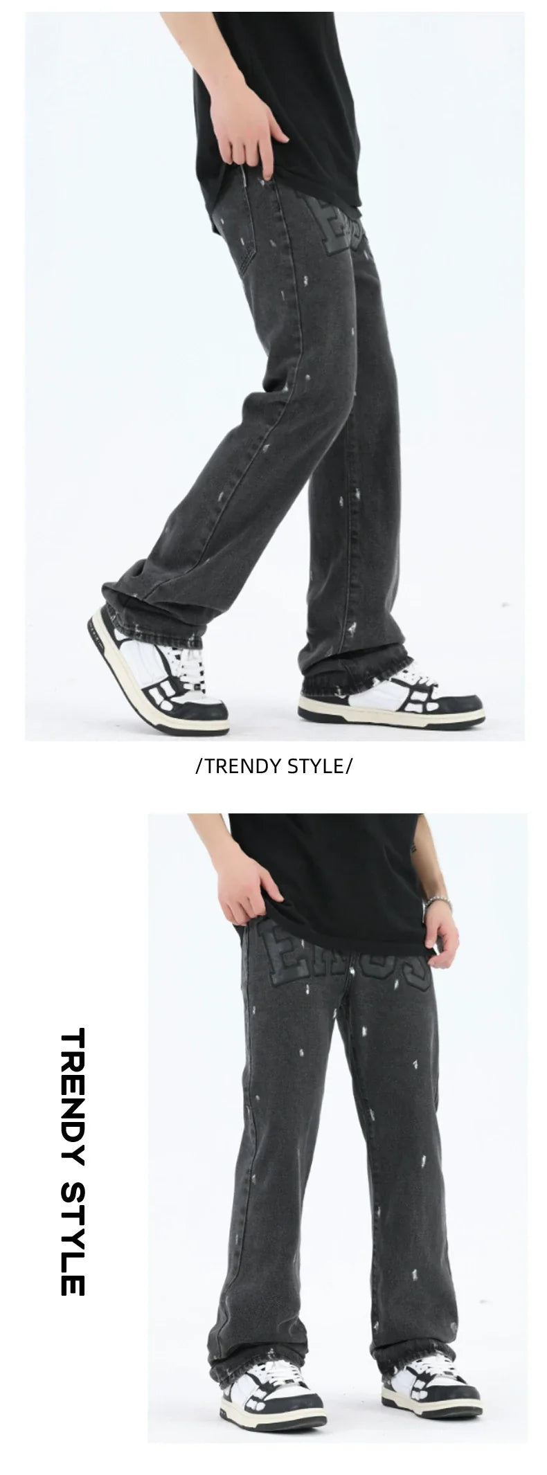 American Retro High Street Loose Straight Mop Leather Splash-ink Jeans in Washed Black color