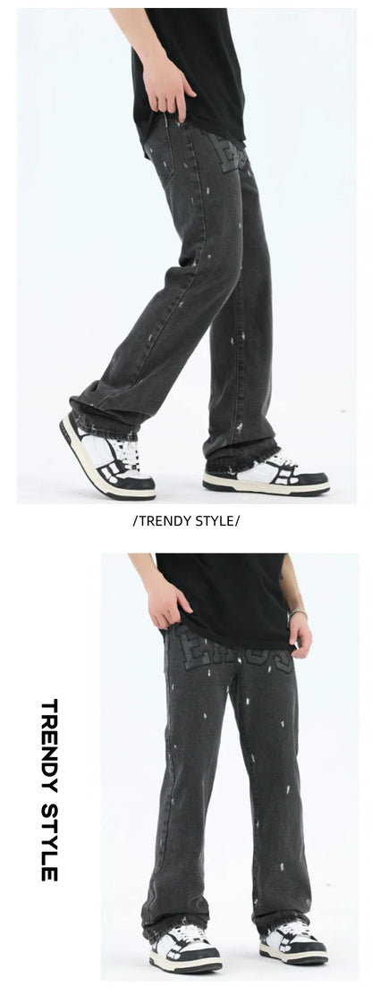 American Retro High Street Loose Straight Mop Leather Splash-ink Jeans in Washed Black color