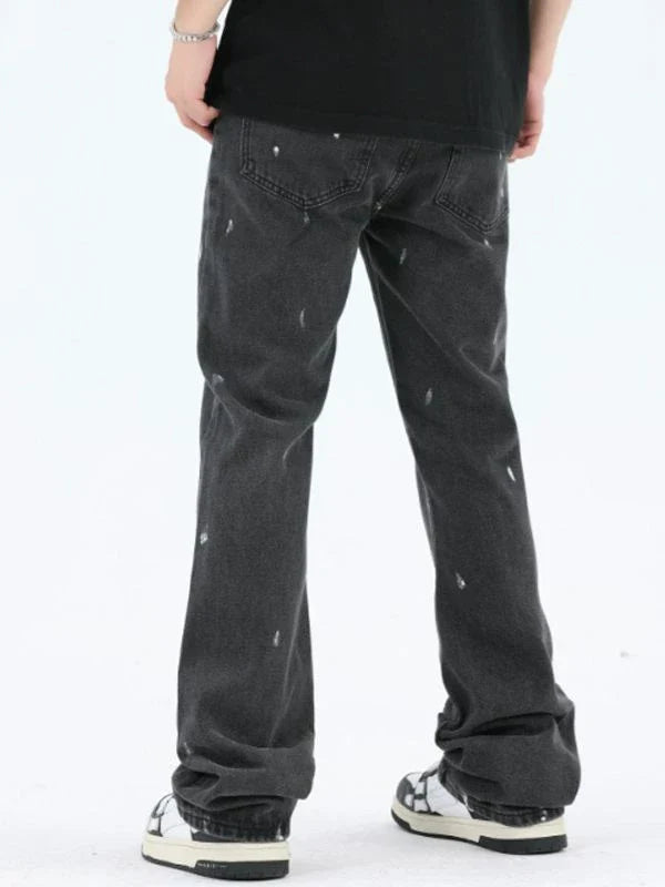 American Retro High Street Loose Straight Mop Leather Splash-ink Jeans in Washed Black color