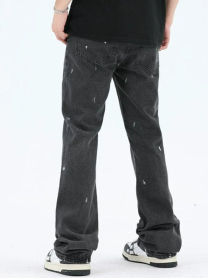 American Retro High Street Loose Straight Mop Leather Splash-ink Jeans in Washed Black color