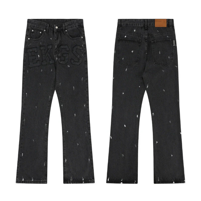 American Retro High Street Loose Straight Mop Leather Splash-ink Jeans in Washed Black color