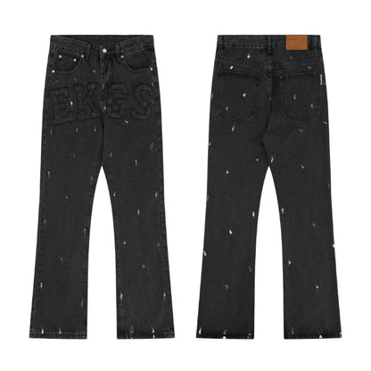 American Retro High Street Loose Straight Mop Leather Splash-ink Jeans in Washed Black color