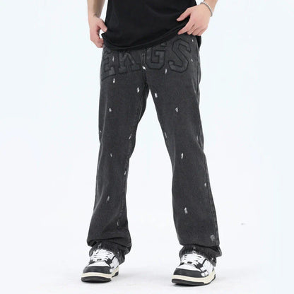 American Retro High Street Loose Straight Mop Leather Splash-ink Jeans in Washed Black color