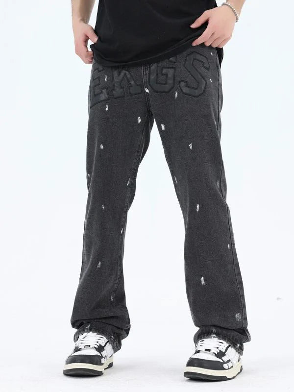 American Retro High Street Loose Straight Mop Leather Splash-ink Jeans in Washed Black color