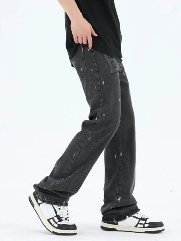 American Retro High Street Loose Straight Mop Leather Splash-ink Jeans in Washed Black color