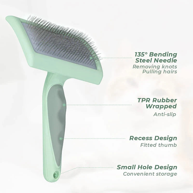 Professional Pet Slicker Brush for dogs and cats, with 135° oblique angle needle design for deep, gentle grooming and contoured brush plate for comfortable use.