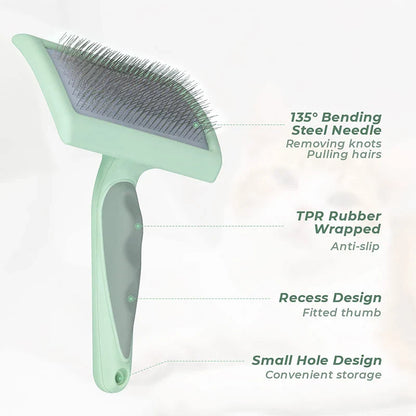 Professional Pet Slicker Brush for dogs and cats, with 135° oblique angle needle design for deep, gentle grooming and contoured brush plate for comfortable use.