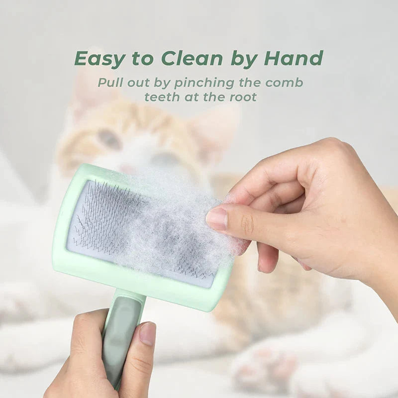 Professional Pet Slicker Brush for dogs and cats, with 135° oblique angle needle design for deep, gentle grooming and contoured brush plate for comfortable use.