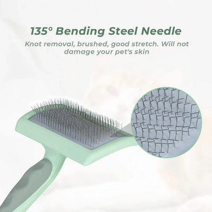 Professional Pet Slicker Brush for dogs and cats, with 135° oblique angle needle design for deep, gentle grooming and contoured brush plate for comfortable use.