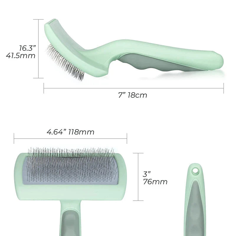 Professional Pet Slicker Brush for dogs and cats, with 135° oblique angle needle design for deep, gentle grooming and contoured brush plate for comfortable use.