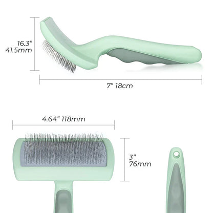 Professional Pet Slicker Brush for dogs and cats, with 135° oblique angle needle design for deep, gentle grooming and contoured brush plate for comfortable use.