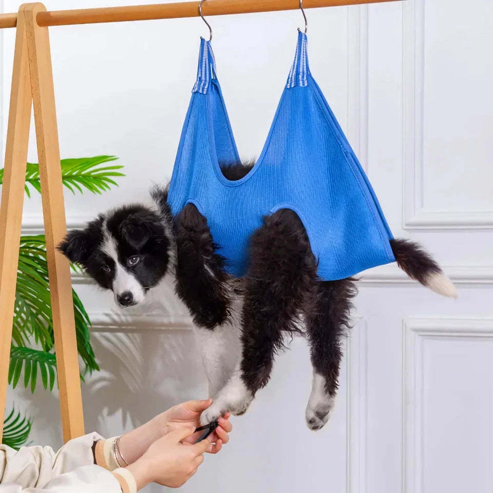 Pet Grooming Hammock made of durable mesh material to support pets up to 20kg for stress-free nail trimming, ear cleaning, and grooming tasks