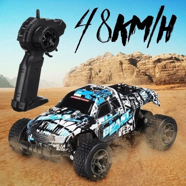 A high-speed remote control car in red or blue color, capable of reaching 40 km/h speeds with a 2.4 GHz wireless connection and shock-absorbing design.