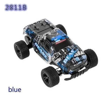 A high-speed remote control car in red or blue color, capable of reaching 40 km/h speeds with a 2.4 GHz wireless connection and shock-absorbing design.