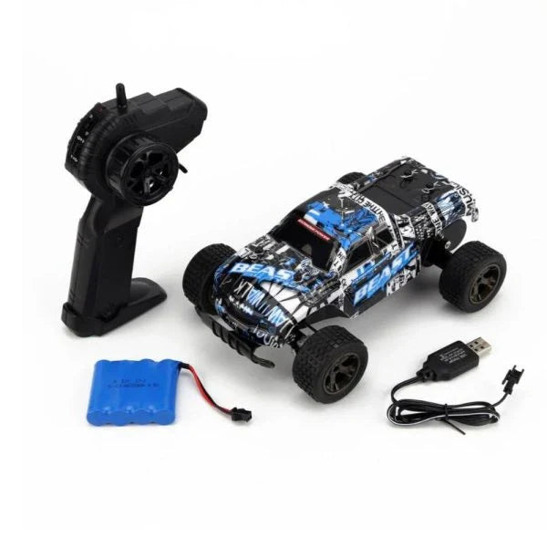 A high-speed remote control car in red or blue color, capable of reaching 40 km/h speeds with a 2.4 GHz wireless connection and shock-absorbing design.