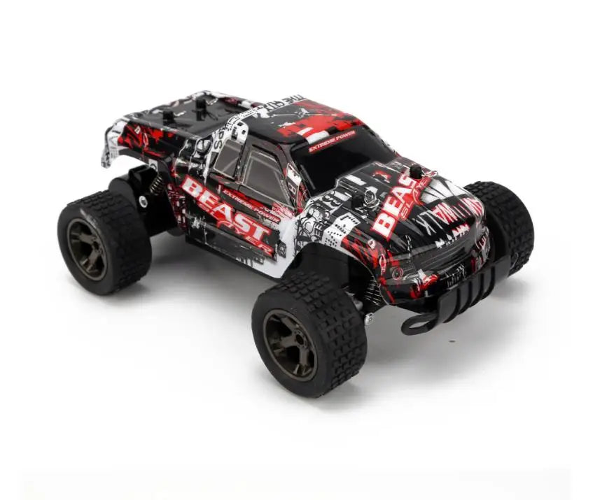 A high-speed remote control car in red or blue color, capable of reaching 40 km/h speeds with a 2.4 GHz wireless connection and shock-absorbing design.
