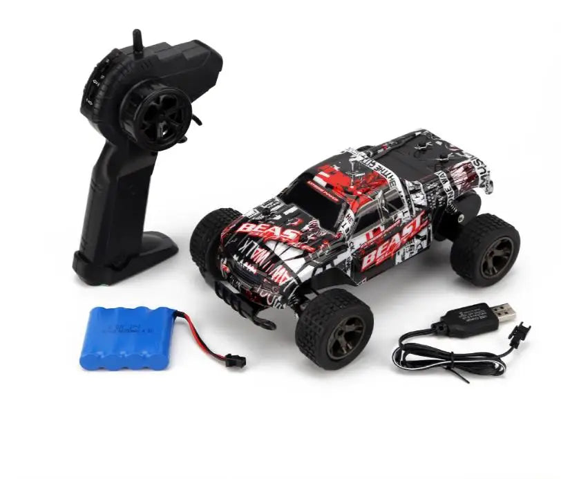 A high-speed remote control car in red or blue color, capable of reaching 40 km/h speeds with a 2.4 GHz wireless connection and shock-absorbing design.