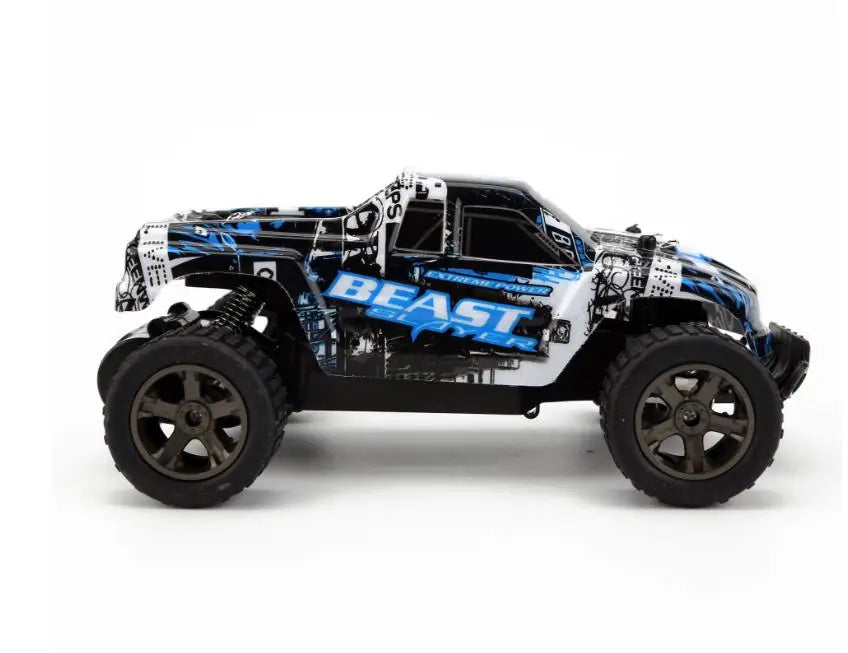 A high-speed remote control car in red or blue color, capable of reaching 40 km/h speeds with a 2.4 GHz wireless connection and shock-absorbing design.