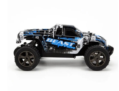 A high-speed remote control car in red or blue color, capable of reaching 40 km/h speeds with a 2.4 GHz wireless connection and shock-absorbing design.