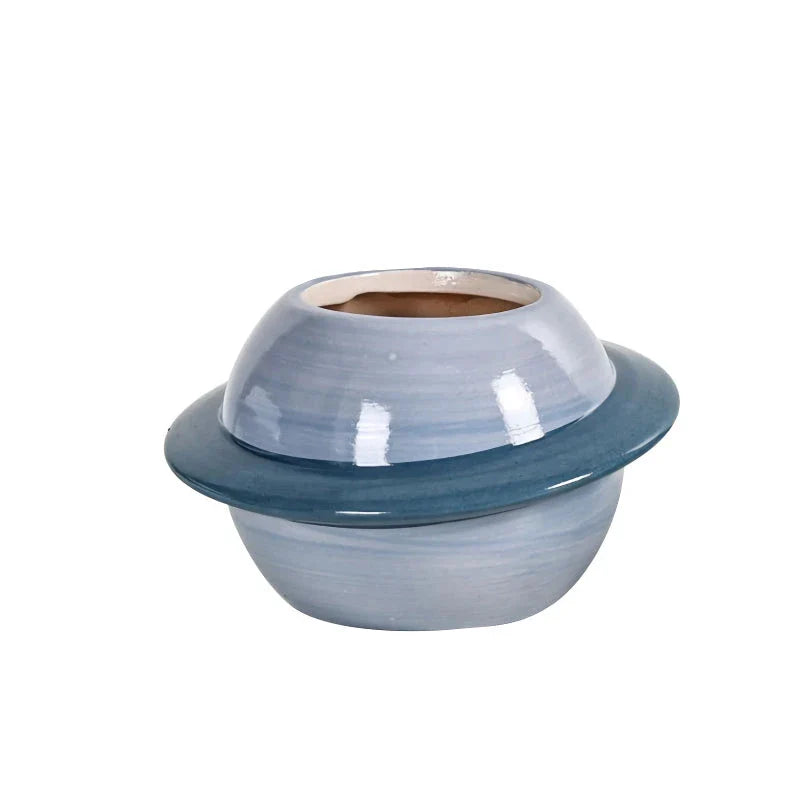Mini planet-shaped ceramic succulent flower pot in blue color, ideal for indoor and outdoor use