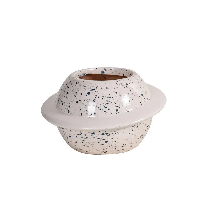 Mini planet-shaped ceramic succulent flower pot in blue color, ideal for indoor and outdoor use