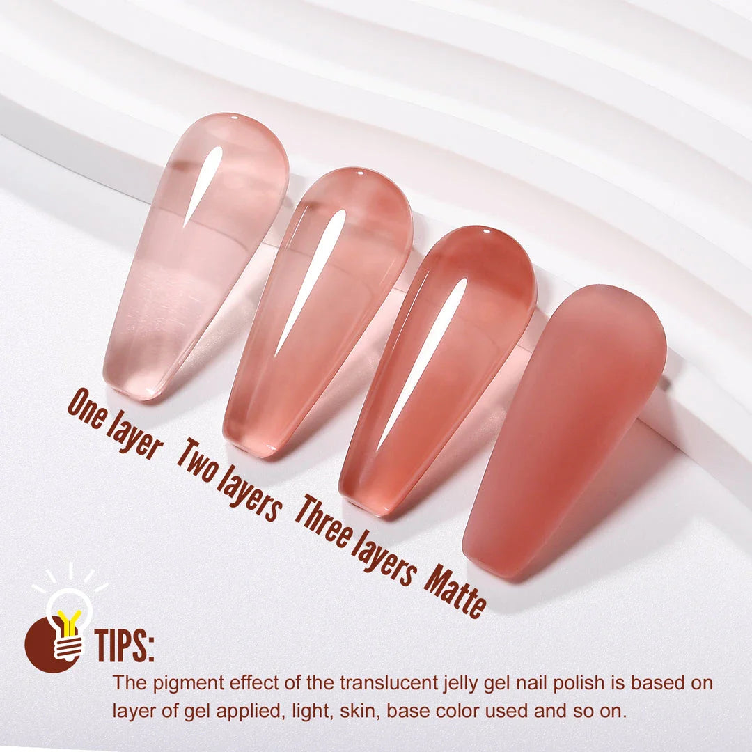 Jelly Gel Nail Polish in a translucent brown color, providing a natural and elegant nail look.