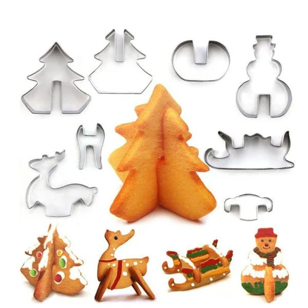 Stainless steel 3D Christmas cookie cutters in various festive shapes, perfect for elevating your holiday baking