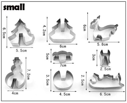 Stainless steel 3D Christmas cookie cutters in various festive shapes, perfect for elevating your holiday baking