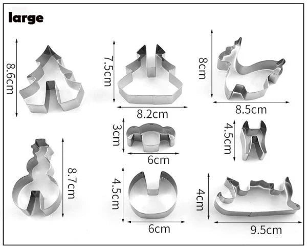 Stainless steel 3D Christmas cookie cutters in various festive shapes, perfect for elevating your holiday baking